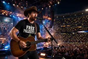 Zach Bryan performing on stage wearing free Palestine t-shirt playing guitar in front of crowd