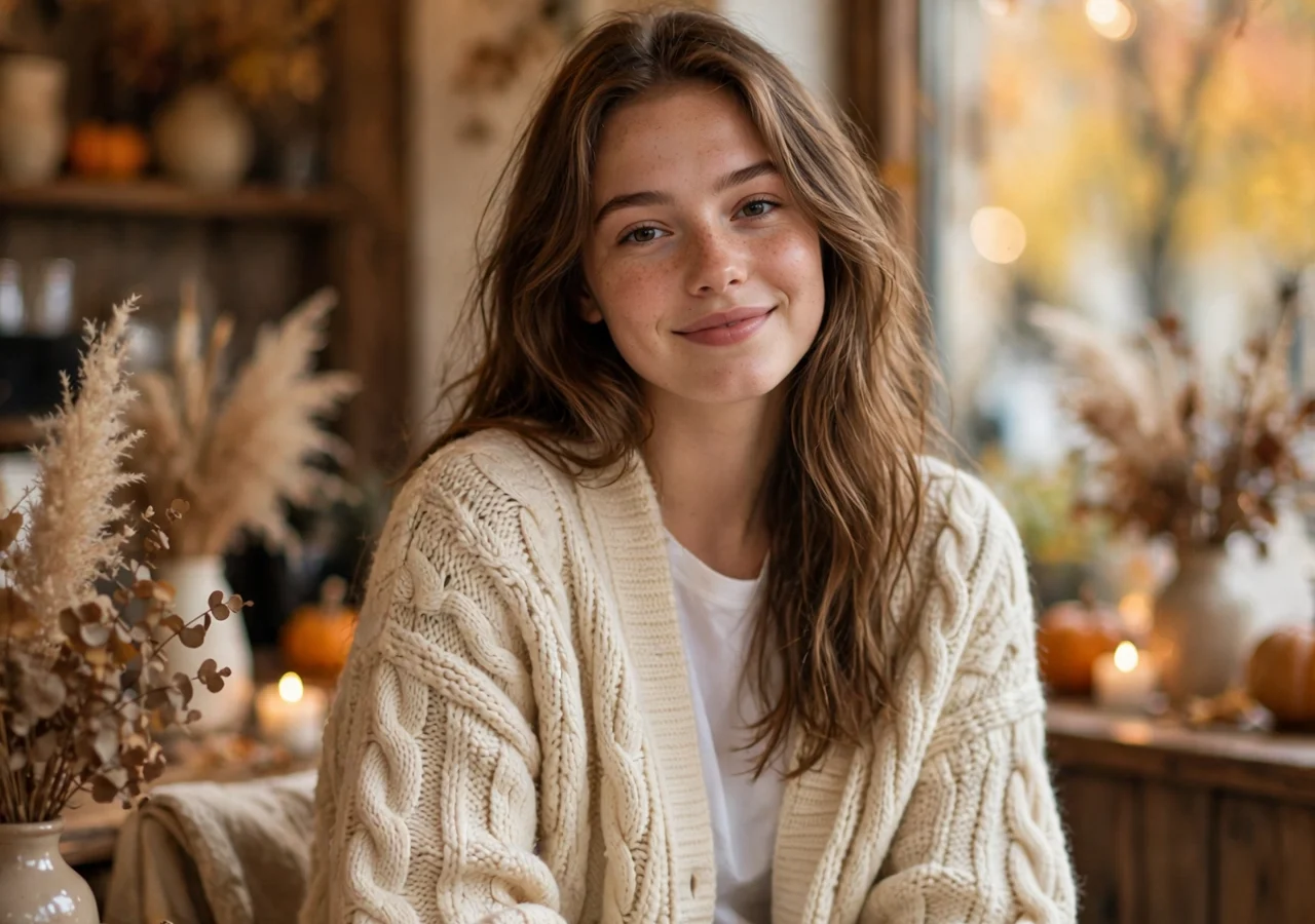 a girl sitting on a coffee shop wearing careem colour cardigan and smiling