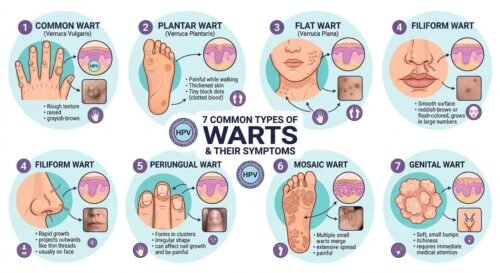 • Medical infographic detailing the 7 common types of warts and symptoms, including common, plantar, flat, filiform, periungual, mosaic, and genital warts, complete with anatomical illustrations, close-up details, and brief symptom descriptions.